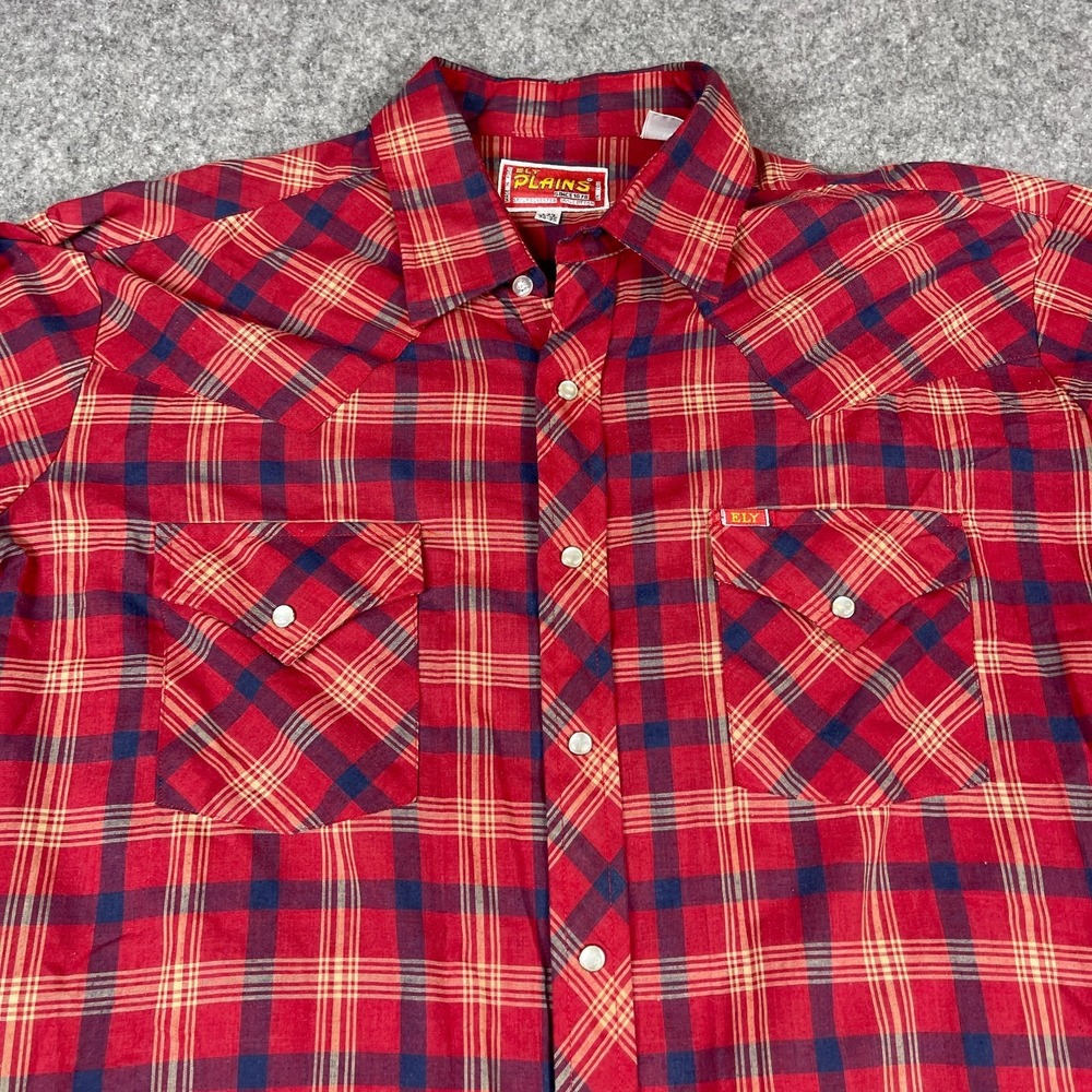 VTG  ELY PLAINS Western Shirt Men XL 17 34/35 Pearl Snap Red Plaid Cowboy Rodeo